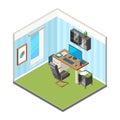 Isometric home workspace. Designer freelancer office workplace art production studio computer monitor vector