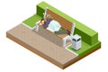 Isometric a homeless man sleeps on a bench on the street. A poor, tired man is resting. Royalty Free Stock Photo