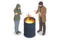 Isometric homeless man and woman warm themselves near the fire. Underprivileged individuals, including homeless men and