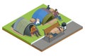 Isometric Homeless needing help, begging money man, bum. Many tents of homeless people at the side of the road Paper Royalty Free Stock Photo