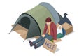Isometric Homeless needing help, begging money man, bum. Tent with a homeless man on the road. A homeless man asks for