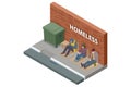 Isometric Homeless needing help, begging money man and woman, bum. A homeless man sits on the asphalt leaning against