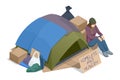 Isometric Homeless needing help, begging money woman, bum. Tent with a homeless man on the road. A homeless man asks for
