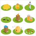 Isometric Honey isolated icons set with bees, beekeeper works on an apiary, hive, bee, honeycomb. Vector illustration Royalty Free Stock Photo