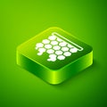 Isometric Honeycomb icon isolated on green background. Honey cells symbol. Sweet natural food. Green square button