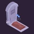 Isometric horror tombstone grave. Monster skeleton arm, spooky zombie hand on stone monument, scary holiday 3d vector illustration