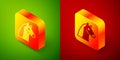 Isometric Horse icon isolated on green and red background. Animal symbol. Square button. Vector