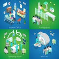 Isometric Hospital Interior. Medical MRI Scan, Operating Room with Doctors, Fluorography Process, Surgeon Office
