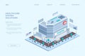 Isometric hospital landing page. Medical center. Emergency service. Health care clinic. Doctors appointment. Pharmacy or