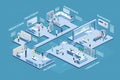 Isometric hospital. Medical clinic building. Healthcare platform. Doctor and nurse. Virtual people treatment. Medicine