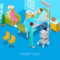 Isometric Hospital Room with Patient and Nurse. Health Care 3d Concept