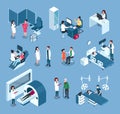 Isometric hospital workers. Doctors, surgeons with medical equipment. Doctor examining patient. Healthcare staff and Royalty Free Stock Photo