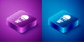 Isometric Hot air balloon icon isolated on blue and purple background. Air transport for travel. Square button. Vector