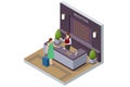 Isometric Hotel Reception Interior. Reception Desk. Young Woman Receptionist Character Standing. Tourism, Hotel Arriving