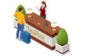 Isometric Hotel Reception Interior. Reception Desk. Young Woman Receptionist Character Standing. Tourism, Hotel Arriving