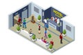 Isometric Hotel Reception Interior. Reception Desk. Man Receptionist Character Standing. People booking hotel and search