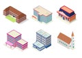 Isometric hotel, school, church, apartment, or mall buildings icon set