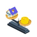 Isometric house and gold dollar coins on weight scales. Real estate, price, finance and home concept Royalty Free Stock Photo