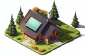 Isometric house with green lawn ans trees