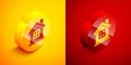 Isometric House icon isolated on orange and red background. Home symbol. Circle button. Vector Illustration Royalty Free Stock Photo