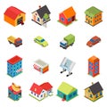 Isometric House Real Estate Car Icons Retro Flat