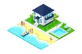 isometric house with swimming pool on the beach with isometric vacation people Royalty Free Stock Photo