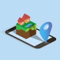 Isometric houses, mobile phone and map arrow