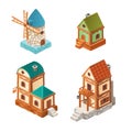 Isometric houses in retro style, vector illustration of cartoon one and two-story house, mill isolated on white for