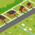 Isometric houses on suburb street, vector illustration. Private cottages in peaceful neighborhood, view from above. Game