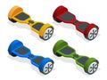 Isometric hoverboard or Gyroscooter. Set of vector illustrations. Self-balancing electric scooter. Alternative Eco