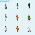 Isometric Human Set Of Cleaner, Girl, Pedagogue And Other Vector Objects. Also Includes Nurse, Builder, Doctor Elements.