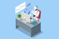 Isometric humanoid robot works in office, typing on a computer. As part of the future IT team, futuristic employee