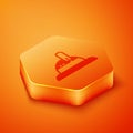 Isometric Hunter hat icon isolated on orange background. Plaid winter hat. Orange hexagon button. Vector Royalty Free Stock Photo
