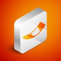 Isometric Hunting horn icon isolated on orange background. Silver square button. Vector