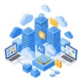 Isometric A I data center with servers laptops and cloud icons Royalty Free Stock Photo