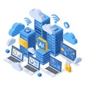 Isometric A I server farm with laptops clouds and security lock Royalty Free Stock Photo