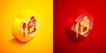 Isometric Ice cream in the bowl and spoon icon isolated on orange and red background. Sweet symbol. Circle button Royalty Free Stock Photo