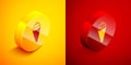 Isometric Ice cream in waffle cone icon isolated on orange and red background. Sweet symbol. Circle button. Vector Royalty Free Stock Photo