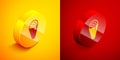 Isometric Ice cream in waffle cone icon isolated on orange and red background. Sweet symbol. Circle button. Vector Royalty Free Stock Photo