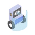 Isometric icon of a futuristic, autonomous security robot equipped with a visual recognition system.