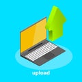 Isometric icon, laptop and down arrow, upload digital