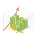 Isometric icon money growth. Pile dollar and gold coins with up arrow. Vector illustration Royalty Free Stock Photo