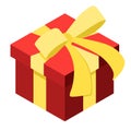 Isometric icon red gift box with a yellow ribbon. Vector illustration Royalty Free Stock Photo