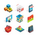 Isometric icon set of online shopping. Symbols of ecommerce. Buying in internet Royalty Free Stock Photo