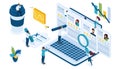 Isometric icon set for recruiting HR Manager looking summary for candidates in the Internet on the laptop company on the selection