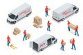 Isometric icons of delivery cars and deliveryman with cardboard boxes. Express, Free or Fast Delivery elements.