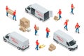 Isometric icons of delivery cars and deliveryman with cardboard boxes. Express, Free or Fast Delivery elements.