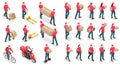 Isometric icons of delivery man and woman or courier in a medical mask and gloves delivering food to customer at home