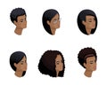 Isometric icons of the head of the African-American hairstyle, 3D faces, eyes, lips, female emotions. Qualitative isometry people