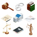 Isometric icons of isolated public justice symbols. Lawbook, handcuff, judge gavel, scales, paper, Themis. Vector